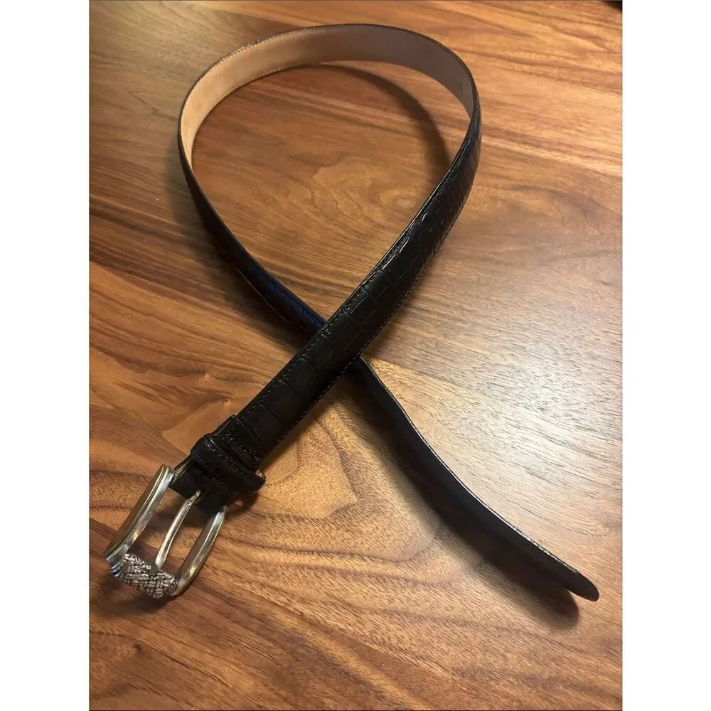 Talbots Black Croc-Embossed Leather Belt with Silver Buckle - M